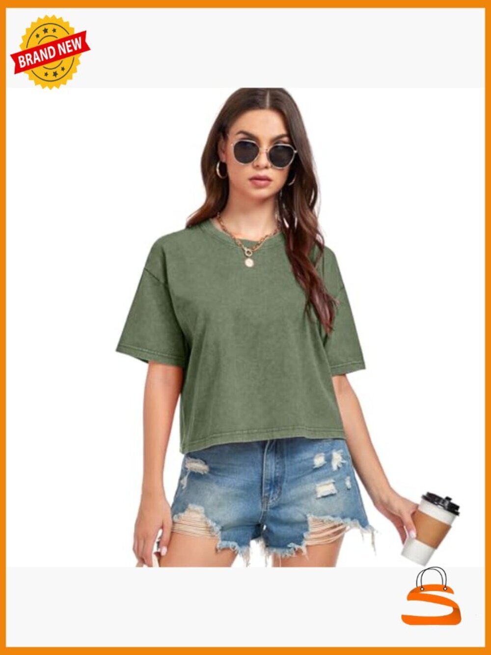 Cropped Acid Wash Tee Baggy Vintage Style Cotton T-Shirt - Picture 2 of 7